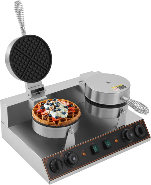 2400W Commercial Double Waffle Maker, Electric Waffle Maker Non-Stick Stainless Steel Belgian Waffle Iron w/Time & Temper Adjustable, Large Waffle Machine for Restaurant Party Food Stall