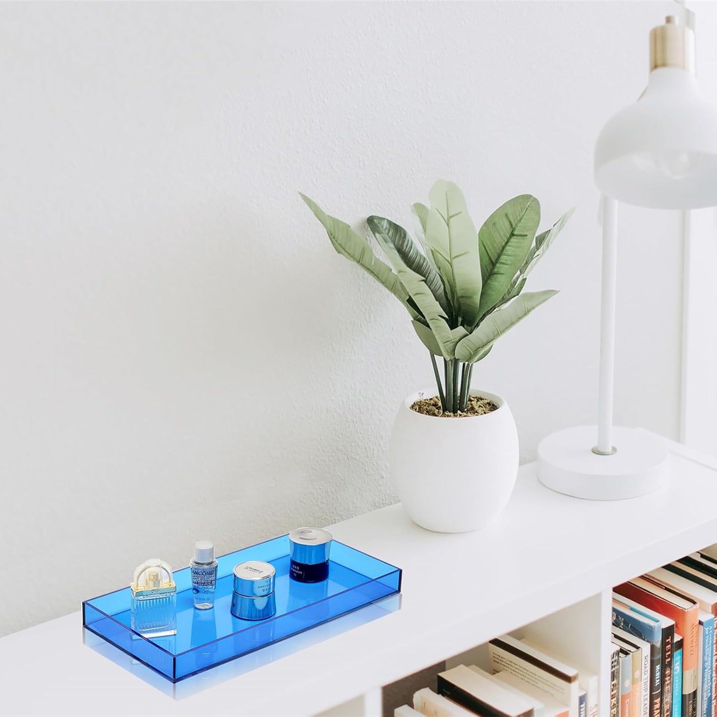 ROYALITA Acrylic Tray Bathroom Tray for Countertop, Guest Towel Holder Tray for Napkin Perfume Jewelry Makeup, Vanity Trays for Soap Dispenser, Aromatherapy, Cup & Candle, Blue