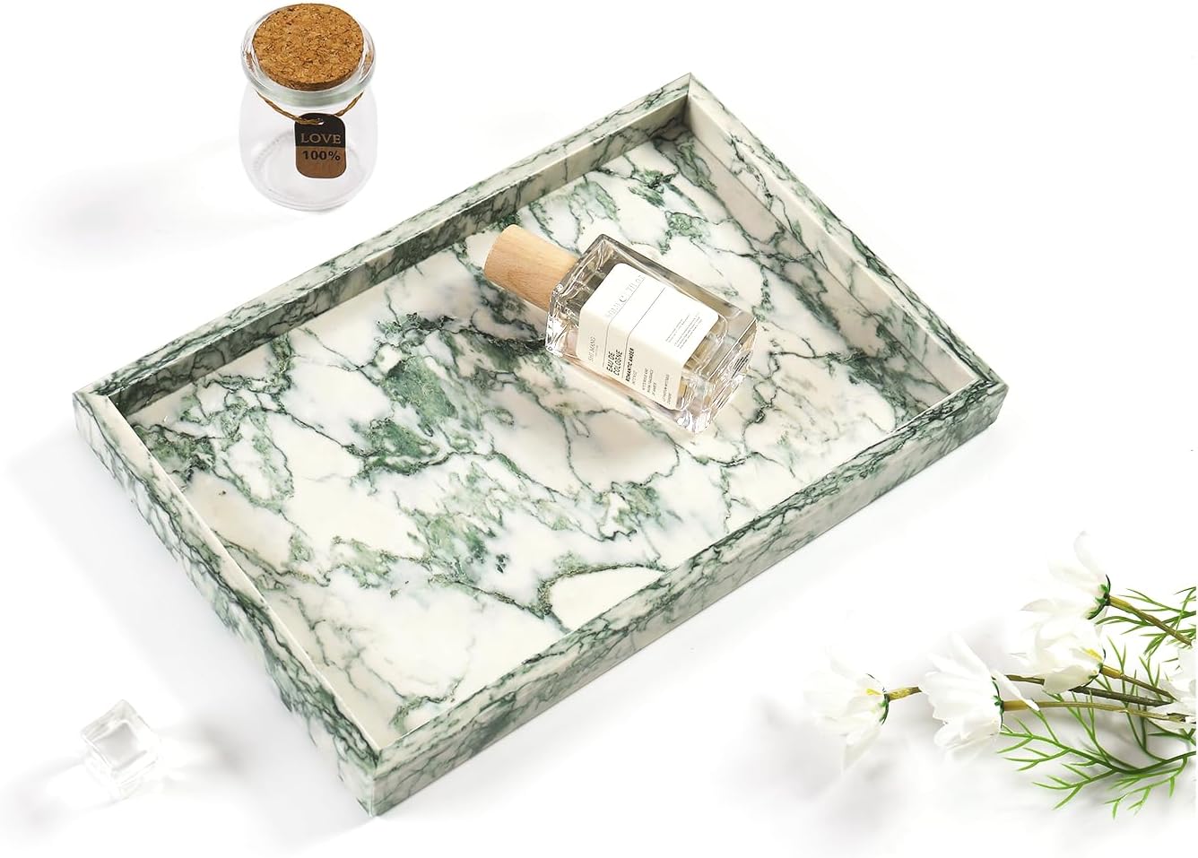 Yew & Tulip Natural Marble Vanity Tray, Nature Marble with Green Textures Serving Tray for Bathroom, Kitchen, Vanity, Home Decor, Wedding etc. (12" x 8" x 1.2")