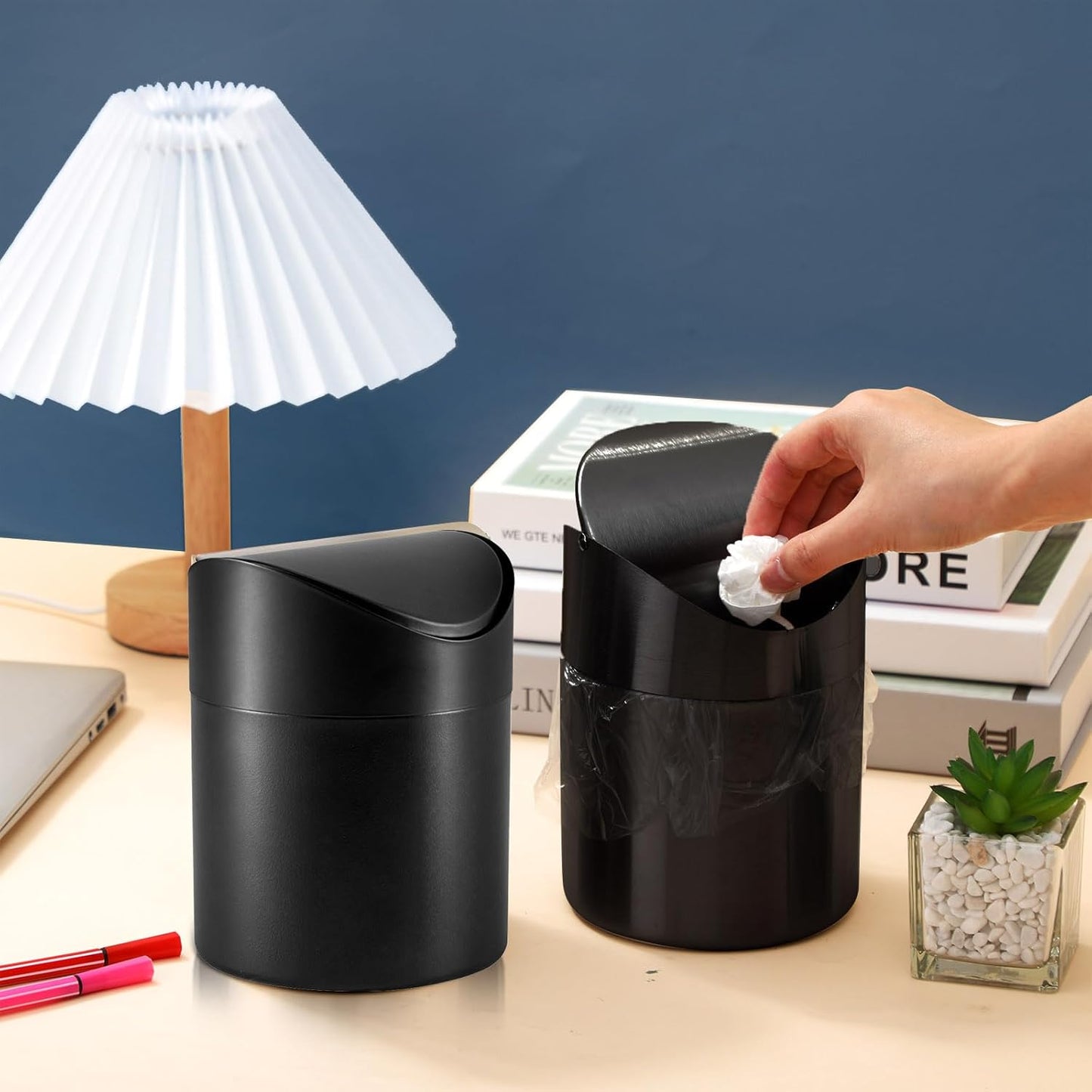 2 Pcs Desk Trash Can with Swing Lids, 12 Rolls of Trash Bags, 2L Brushed Stainless Steel Countertop Garbage Bin Small Wastebasket with Lid for Office Desk, Coffee Table (Black)