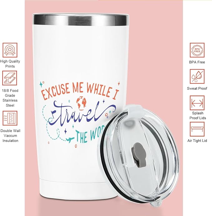 Travel Gifts Tumbler, Travel Essentials 20 oz Stainless Steel Coffee Mug，Insulated Cup with Lid for Car Office Camping, Flight Vacation Gifts for Women Men Travelers Girls Trip Christmas Birthday
