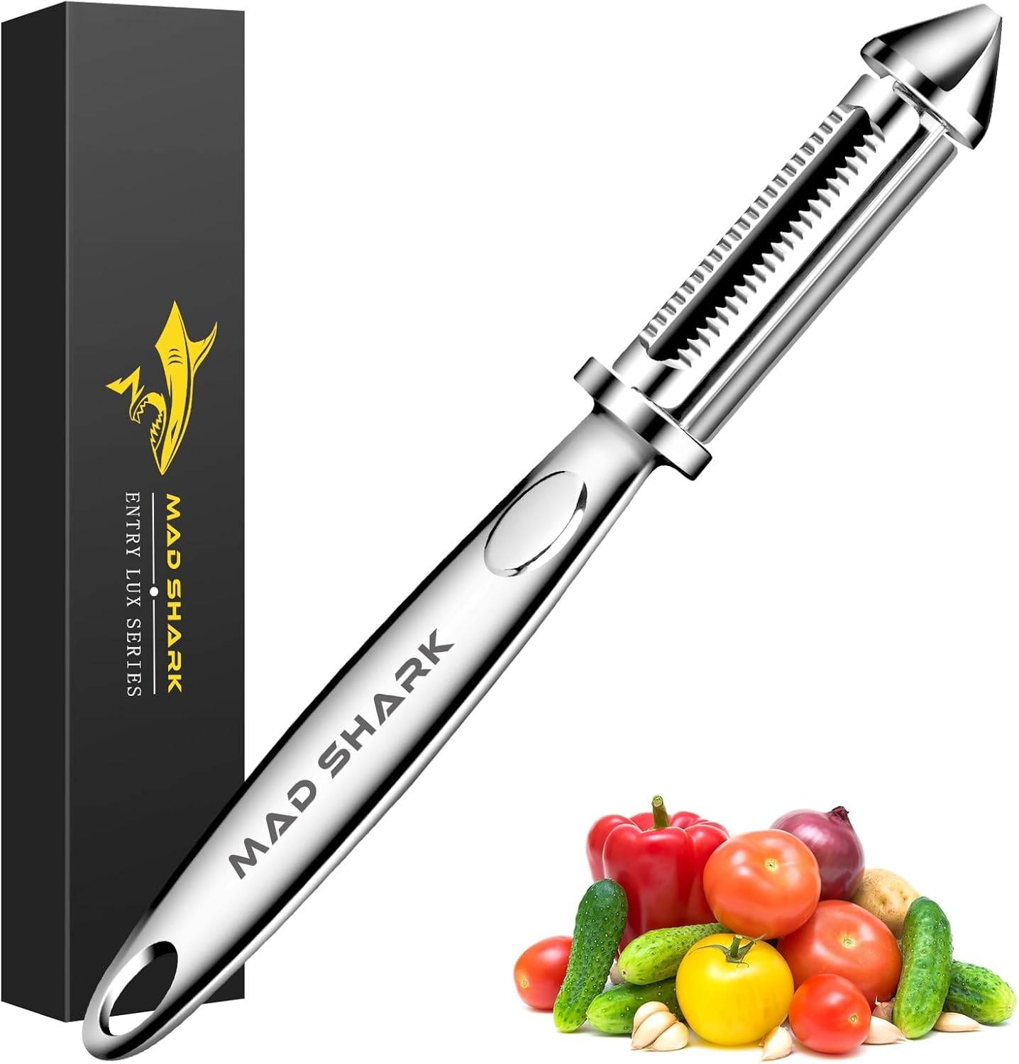 MAD SHARK Vegetable Peeler for Kitchen, Potato Peeler, Fruit Carrot Veggie Peelers, Design with Ergonomic Non-Slip Handle, I-Shaped Stainless Steel Serrated（Flat/Serrated Blade 2 in 1）