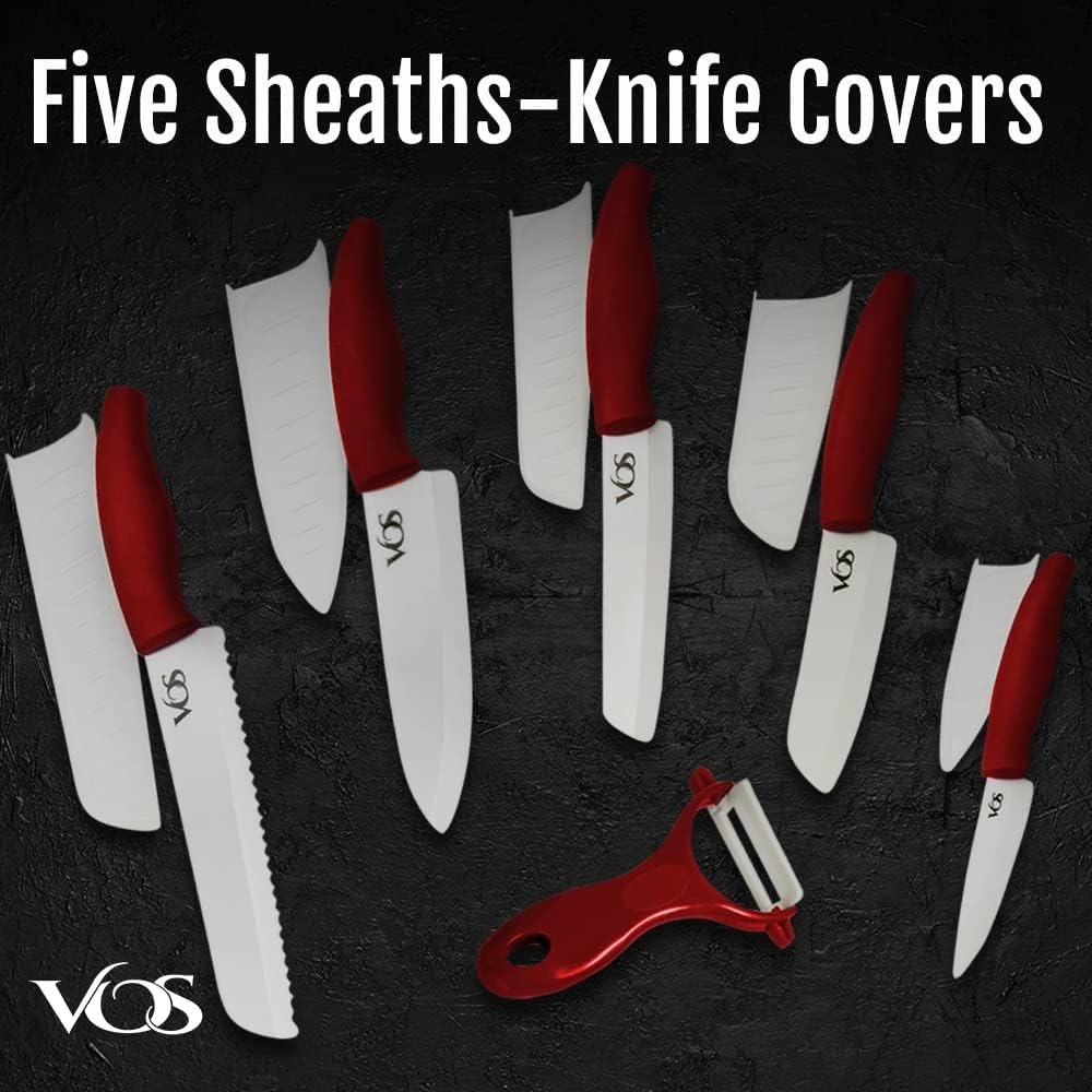Vos Ceramic Knife Set - Ceramic Kitchen Knives With Peeler, Paring Knives 4", 5", 6", 7", 8" Inch Red