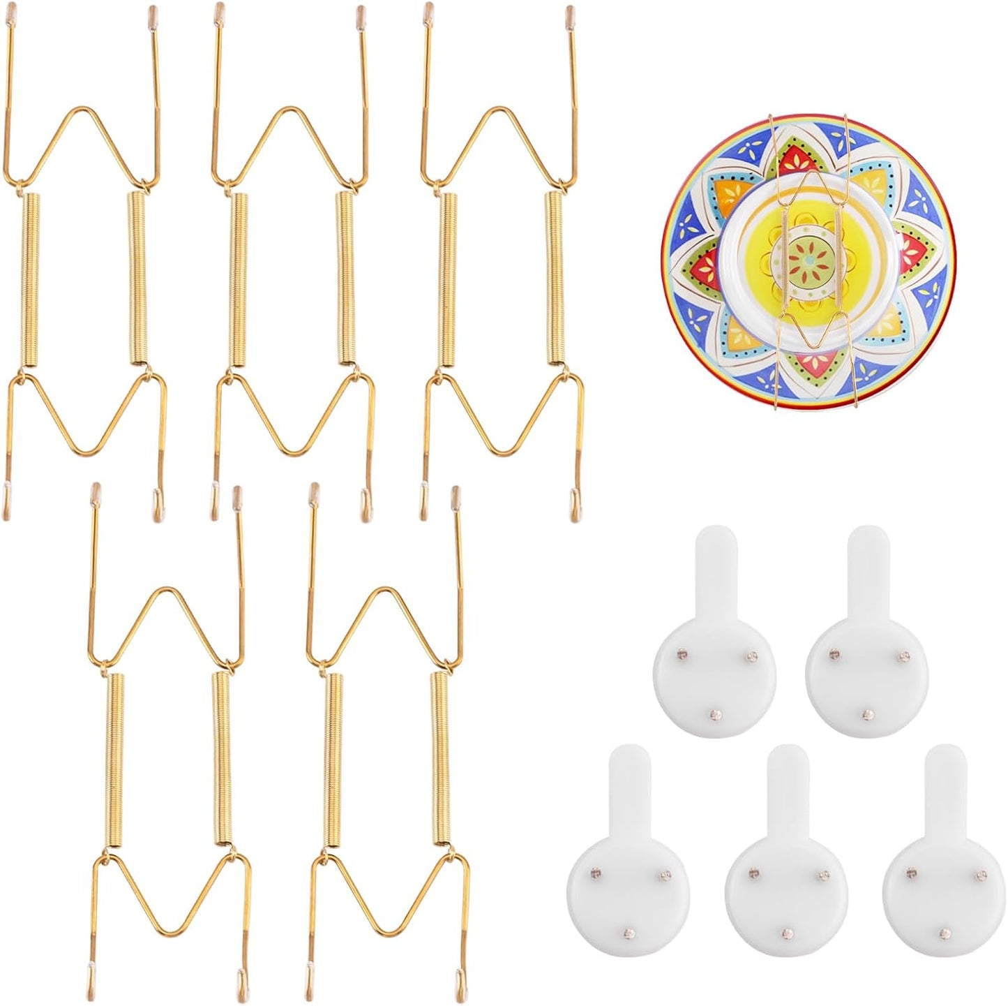 5 Pack Plate Hangers for The Wall Suitable for 6-8 inch Small Decorative Plate, Invisible Stainless Steel Plate Hangers for Display with Wall Hooks, for Plates/Platter/Dish/Picture(Gold)