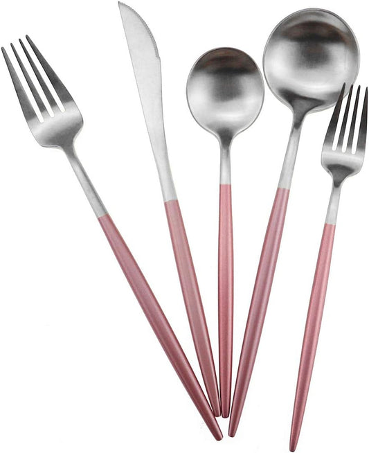 Gugrida Luxury Flatware, Royal 5 Piece Matte Pink Handle 18/10 Stainless Steel Tableware Sets for 1 Including Forks Spoons Knives, Camping Silverware Travel Utensils Set Cutlery (Pink Silver)