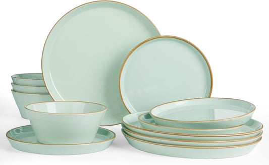Famiware Saturn Dinnerware Sets, Plates and Bowls Sets for 4, 12 Pieces Stoneware Dish Set - Chip and Scratch Resistant, Microwave and Dishwasher Safe Tableware Set, Light Green with Rim