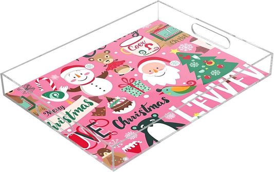 Christmas Patterns 3 Plastic Food Serving Tray Decorative Vanity Trays for Bathroom Coffee Table Kitchen Counter 11.8 * 15.7in