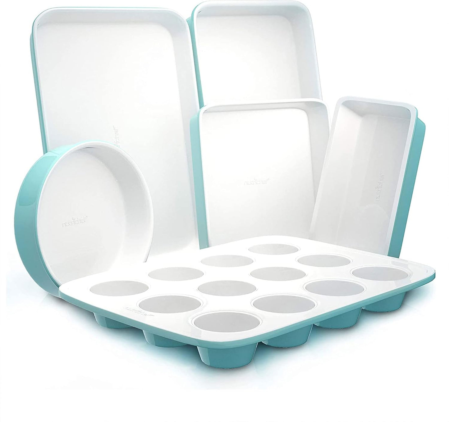 NutriChef 6-Piece Baking Pan Set, Carbon Steel Bakeware with Premium Ceramic Nonstick Coating, Includes 12-Cup Muffin Pan, Cake & Loaf Pan, Wide Bake Pan, & Cookie Sheet - Turquoise