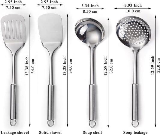 Stainless Steel Cooking Utensils Set 4 Pieces, Kitchen Tools Set Include Metal Spatula Set, Kitchen Skimmer, Soup Ladle, Kitchen Gadgets Essentials New Home Must Have