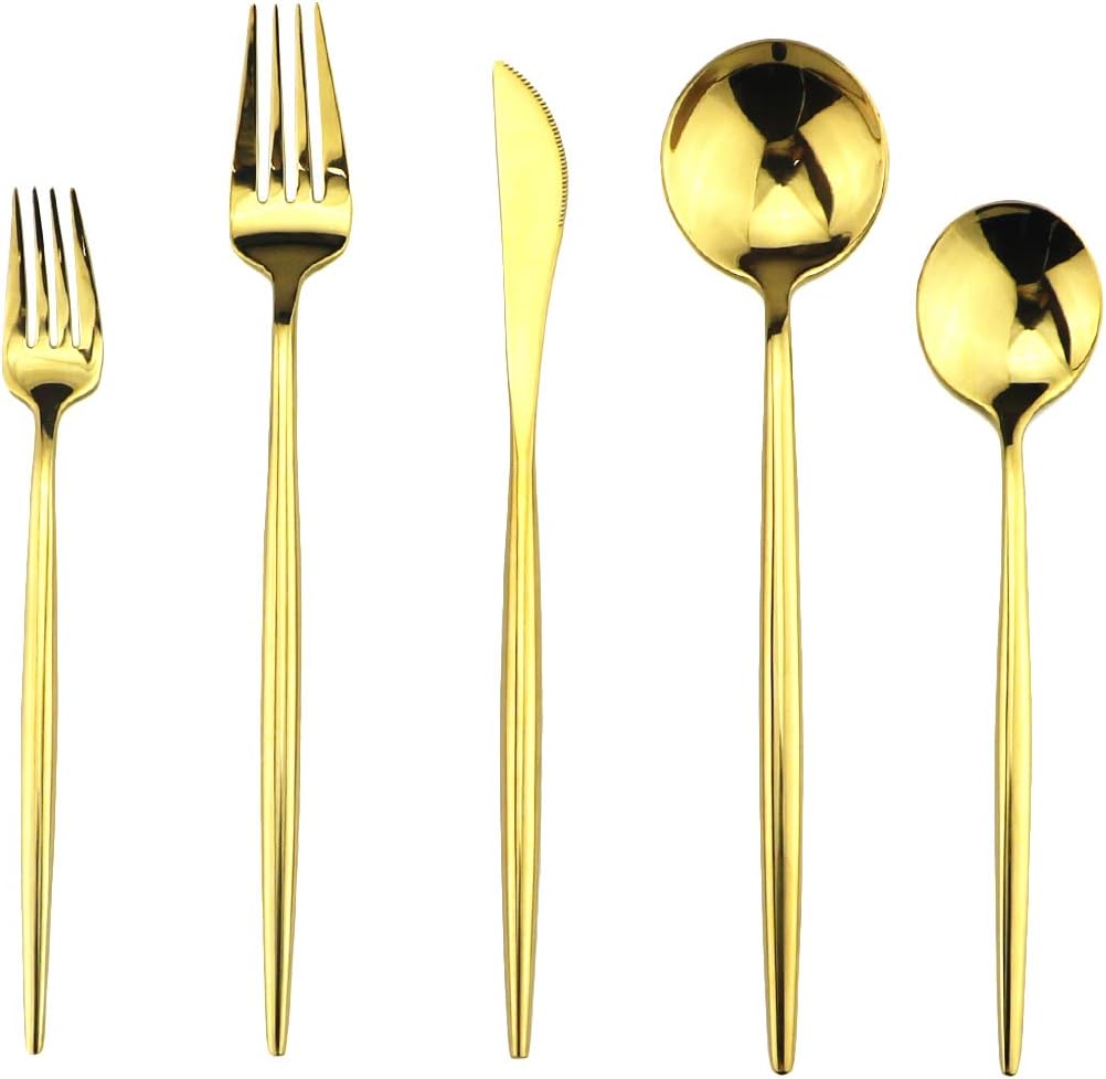 Gugrida Portable Silverware Set - 5-Piece Flatware Cutlery Set - 18/10 Stainless Steel - Mirror Polishing Gold - Travel Elegant Modern Utensils - Service for 1 Include Steak Knife Dinner Fork Spoon