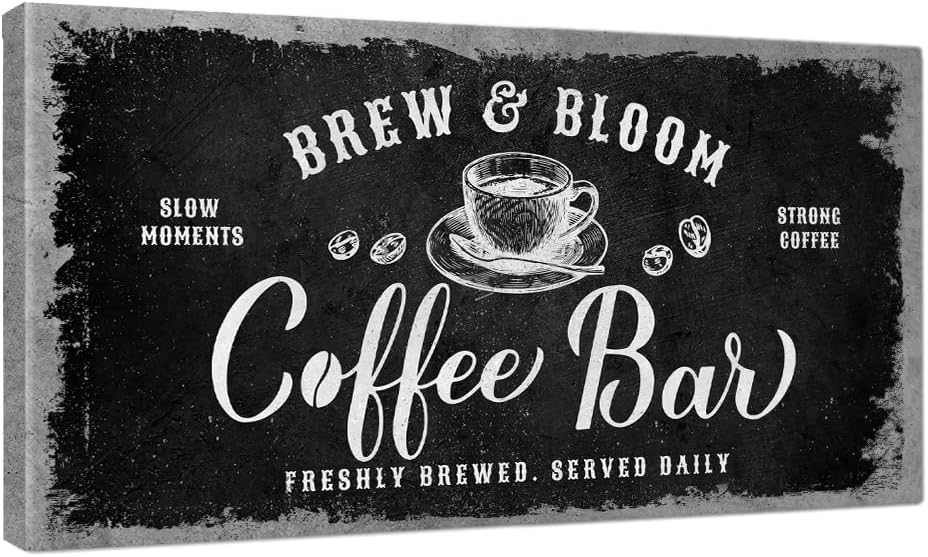 IPIC - Rustic Coffee Bar Sign Brew and Bloom, Canvas Print Wall Art for Coffee Station, Rustic Industrial Style Wall Decor for Home Kitchen and Cafe