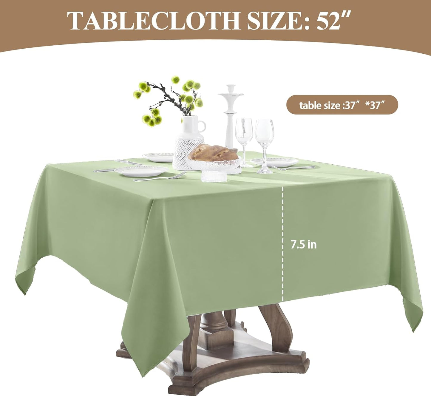 Square Tablecloth 52 x 52 Inch Sage Green Tablecloths Stain-Wrinkle Resistant Washable Polyester Table Cloths for Holiday, Buffet Parties, and Weddinge 1pack