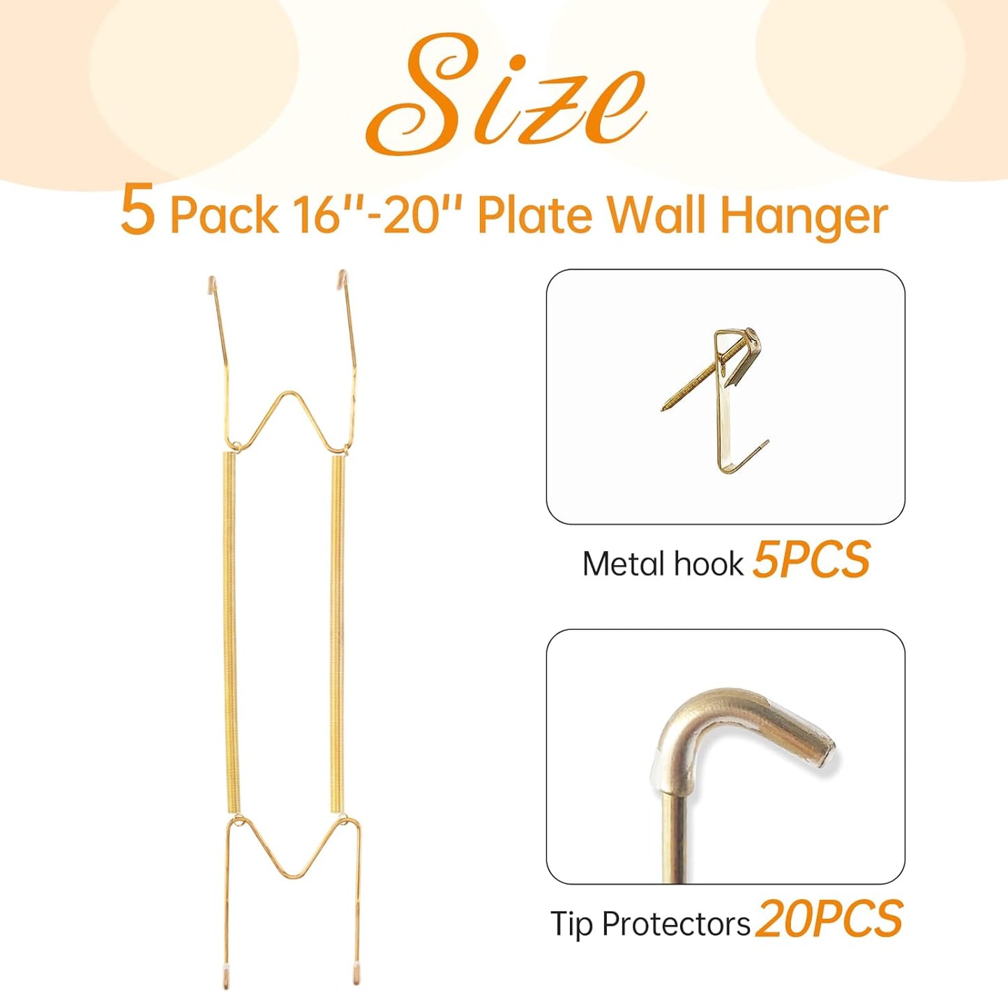 Bilillo 5 Pack Plate Hangers for The Wall, 16–20 Inch Large Decorative Plates, Heavy Duty Stainless Steel Spring Wire Holders with Wall Hooks for Secure Display of Platters and Collectible Plates