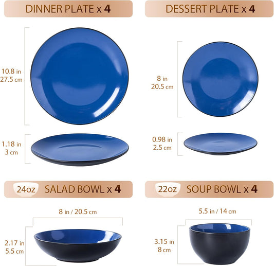 Plates and Bowls Sets for 4 - CJDC-QUELO 16-Piece Stoneware Dinnerware Sets, Ceramic Dishware Set for Indoor Kitchen Use and Formal Dining, Chip and Scratch Resistant Microwave Dishwasher Safe, Blue