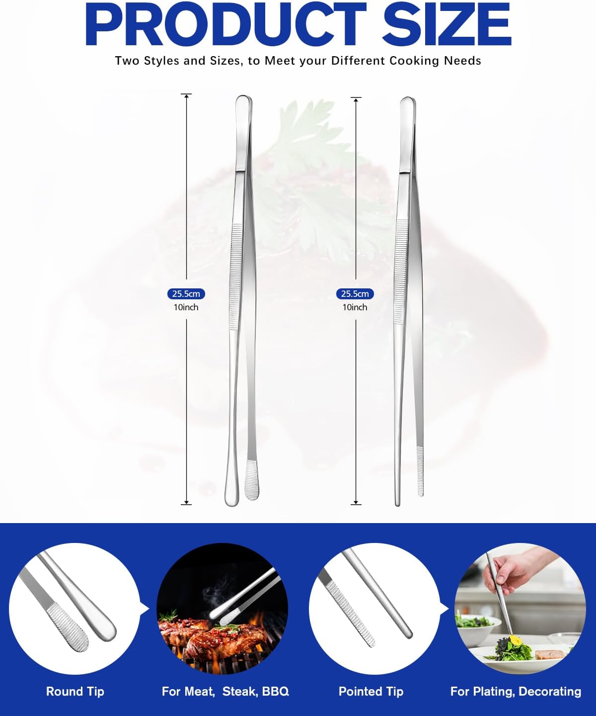 2 Pcs 10-Inch Kitchen Tweezers Fine Tweezer Tongs, Stainless Steel Professional Long Cooking Tweezers for BBQ, Sea Food, Repairing and Serving (SILVER)