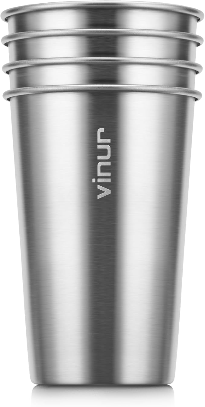 VINUR Stainless Steel Cups 4 Pack -16 oz Pint Tumbler Stackable Metal Drinking Glasses for Travel, Camping, Outdoors (Silver)