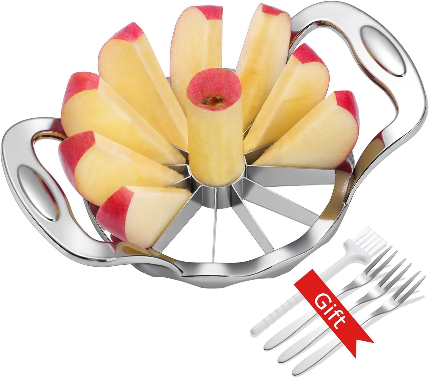 Apple Slicer, AMOHEE 12 Slice Heavy Duty Stainless Steel Apple Slicer and Corer with 3 Forks and a Cleaning Brush