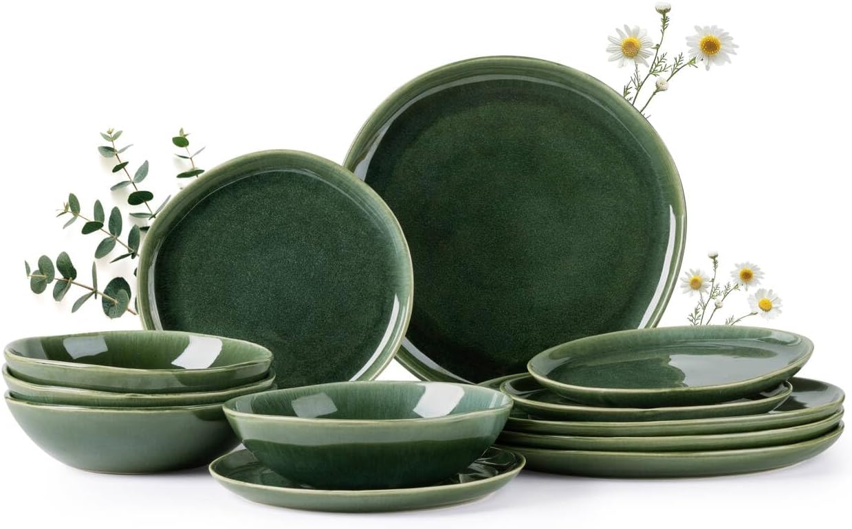 AmorArc Ceramic Dinnerware Sets,Handmade Reactive Glaze Stoneware Plates and Bowls Set,Highly Chip and Crack Resistant | Dishwasher & Microwave Safe Dishes Set,Service for 6 (18pc)