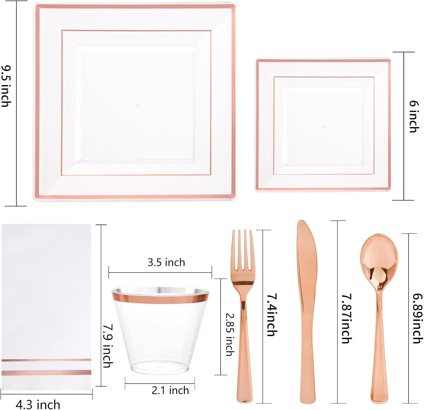 Festiva 350Pcs Rose Gold Plastic Plates - Clear Rose Gold Disposable Dinnerware Sets for 50Guests include 100 Plates 50 Cups 50Plastic Cutlery 50Napkins for Christmas Party&Wedding&Mother's Day