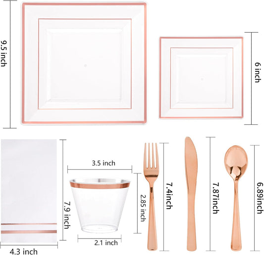 Festiva 350Pcs Rose Gold Plastic Plates - Clear Rose Gold Disposable Dinnerware Sets for 50Guests include 100 Plates 50 Cups 50Plastic Cutlery 50Napkins for Christmas Party&Wedding&Mother's Day