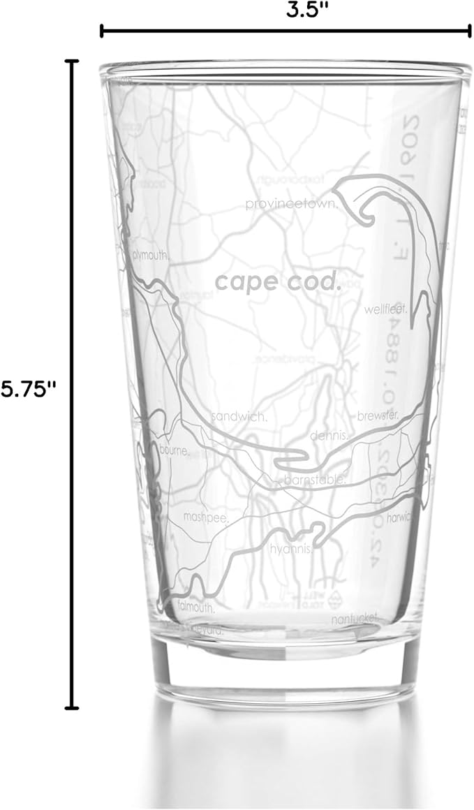 Well Told Engraved Cape Cod Massachusetts Map Pint Glass, Etched Beer Gift (16 oz, Clear) City Map Pint, Custom City Glassware, Gifts For Beer Lovers