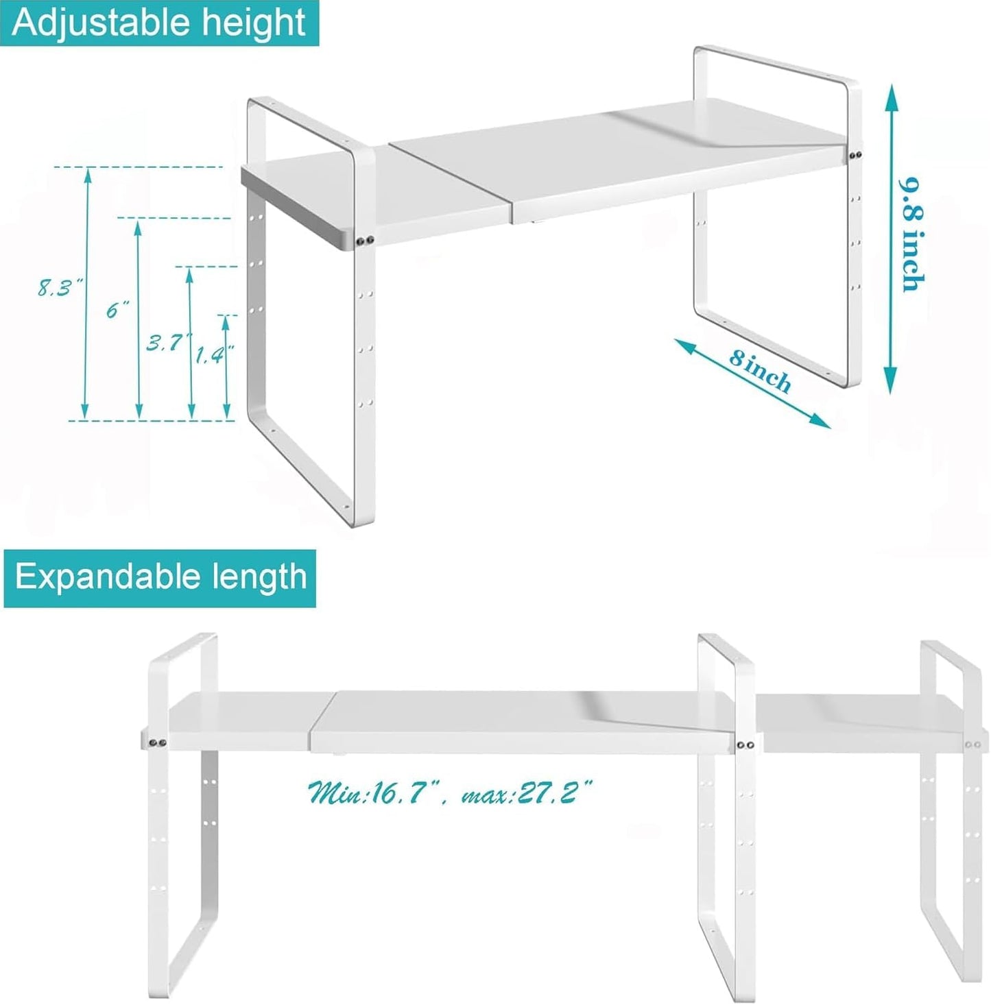 Redrubbit Expandable Cabinet Shelf Organizers, Stackable Kitchen Counter Shelves Spice Rack for Kitchen Bathroom Pantry Cupboard Desk Home Office, Metal Plate Heavy Duty Nonslip, White