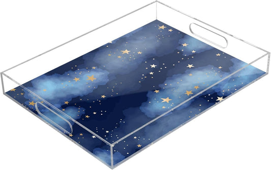 Acrylic Serving Tray with Handles Spill Proof Kitchen Storage Tray Clear Decorative Tray Makeup Drawer Organizer Storage Tray for Bathroom Living Room Ottoman 15.7x11.8Inches