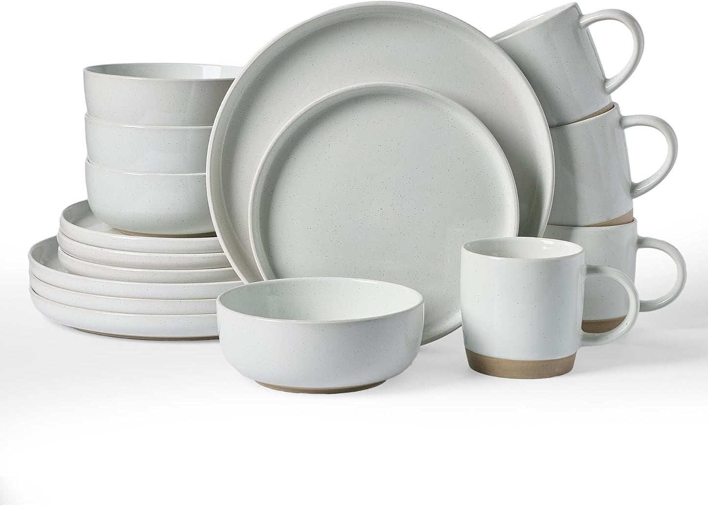 Famiware Milkyway Dinnerware Set with Mugs, Service for 4 (16pcs), Ribbed Stoneware Plates and Bowls Dishes Sets - Chip & Scratch Resistant, Microwave & Dishwasher Safe, Light Gray