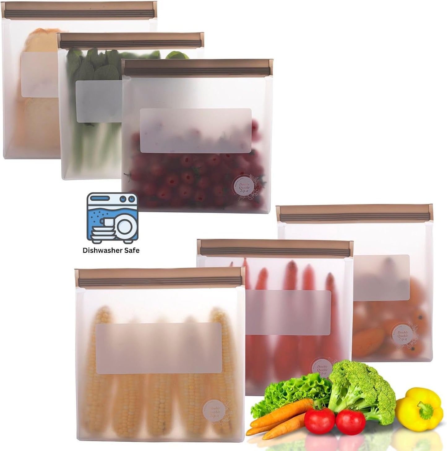 Reusable Food Storage Bags – 6-Pack Stand-Up, BPA-Free, Freezer, Dishwasher Safe & Eco-Friendly – 6 Gallon Bags – Airtight Leakproof, Organization and Storage Baggies (Grey)