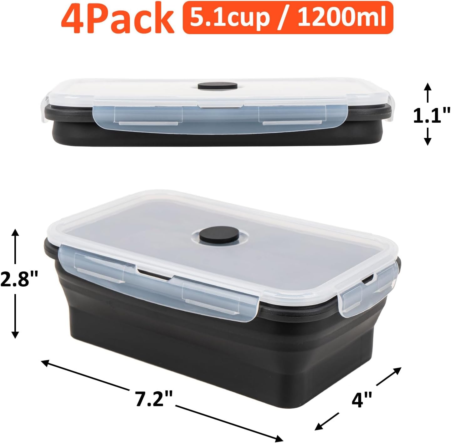 Collapsible Silicone Food Storage Containers Set with Lid & Air Vent,Foldable Lunch Containers(4PCS,Black,40oz)