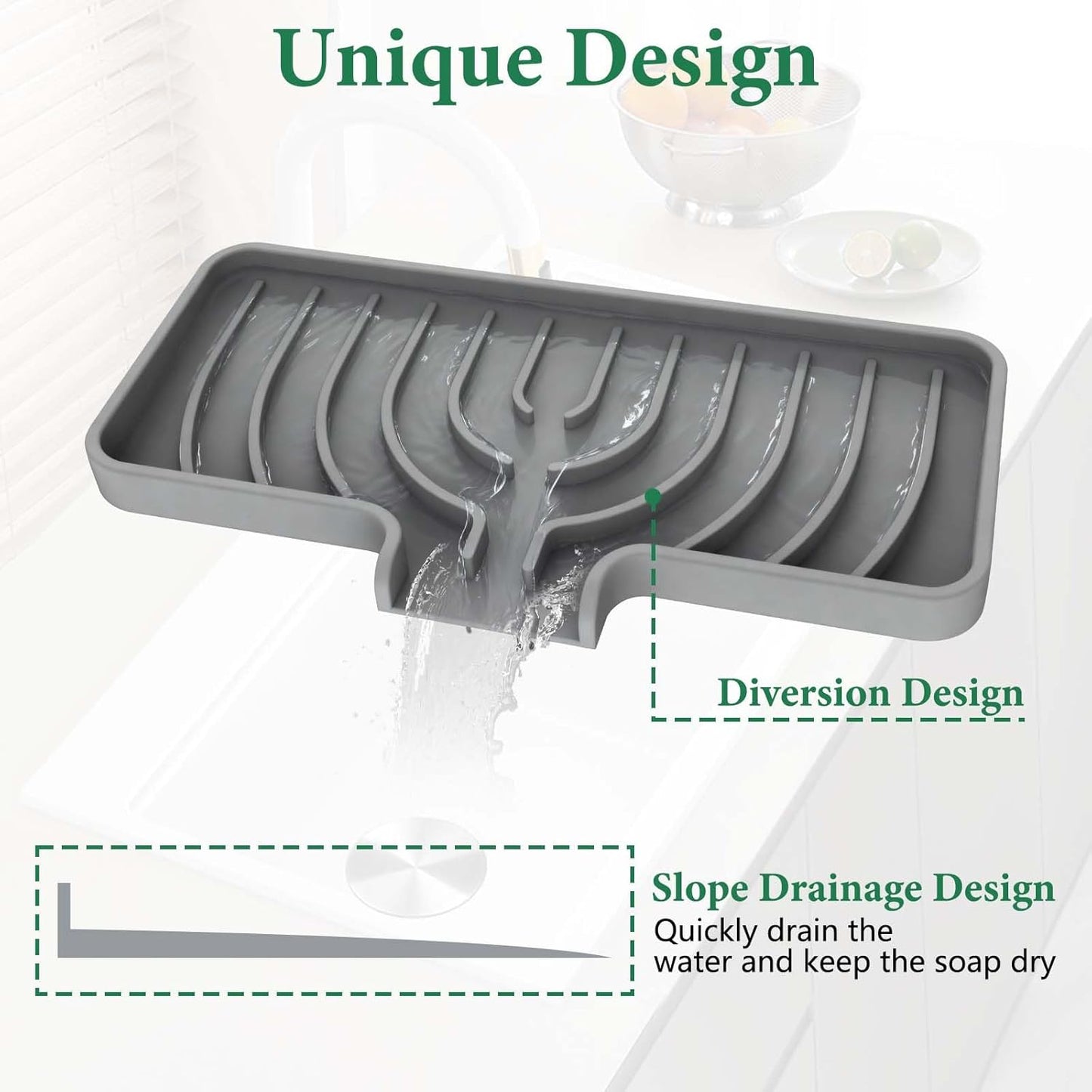 GUUKIN Sponge Holder for Kitchen Sink, 9.8"×4.9" Silicone Sponge Holder, Soap Tray with Drain, Dish Soap Mat for Shower Bathroom, Perfect for Dispenser,Scrubber,Bottle,Cup on Sink or Counter (Grey)