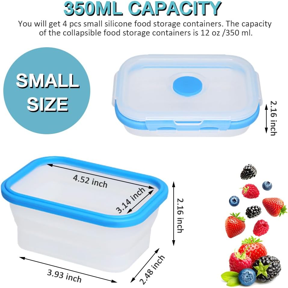 Collapsible Small Silicone Food Storage Container(12 Oz) 4 Pack, Silicone Storage Containers for Snack, Fruit, Stackable, Space Saving
