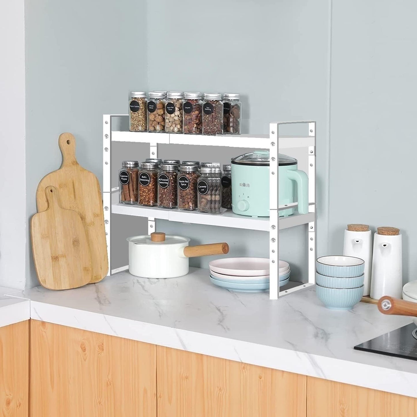 Expandable Stackable Spice Rack Cabinet Shelf Organizer in Cabinets Shelves Kitchen Cupboard Organization Stack up Racks Pantry Countertop Storage Large/White 1 Pack