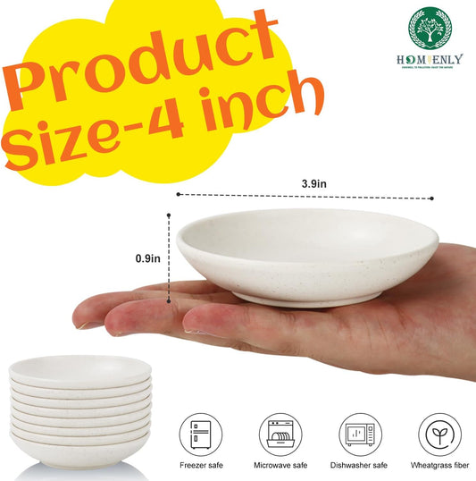 Plastic Dipping Set of 8 - 4 inch Wheat Straw Plates, Soy Sauce Dish, Dipping Bowls, Mini Appetizer Plates for Side Dishes, Condiment, BBQ and Party Dinner - White