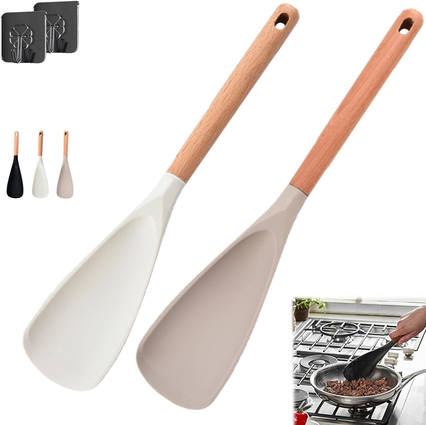Spatula Spoons, Kitchen 3 In 1silicone Cooking Spoon One-Piece Design Multi-Function Spatula Scoon for Mixing, Scoop, and Scrape (white & Khaki)