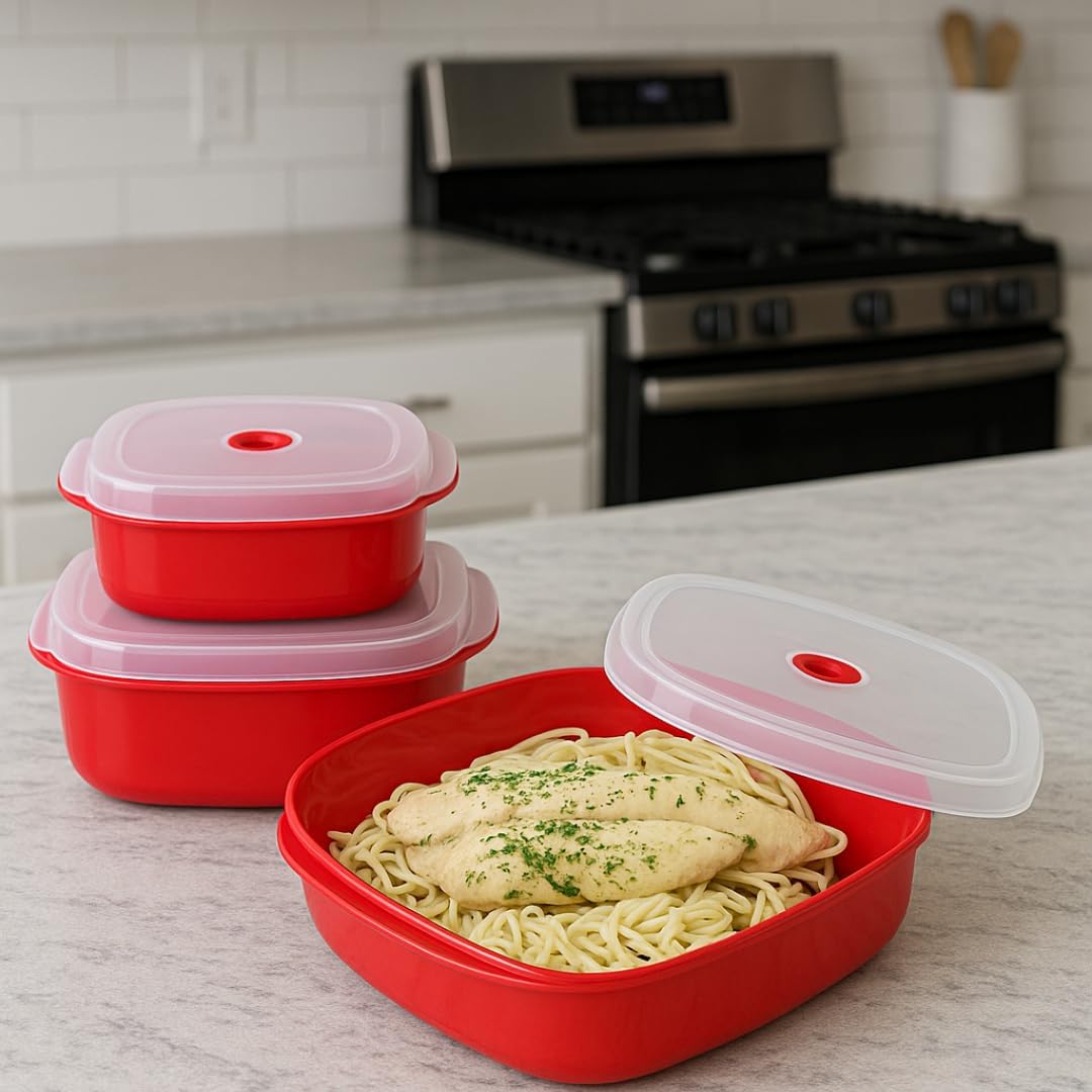 Reston Lloyd Nesting Microwave Containers, Set of 3, Adjustable Steam Vents, Airtight, Meal Prep, Durable BPA-Free Plastic- Freezer & Dishwasher Safe, Cookware & Food Storage, Anyday Cookware, Pink