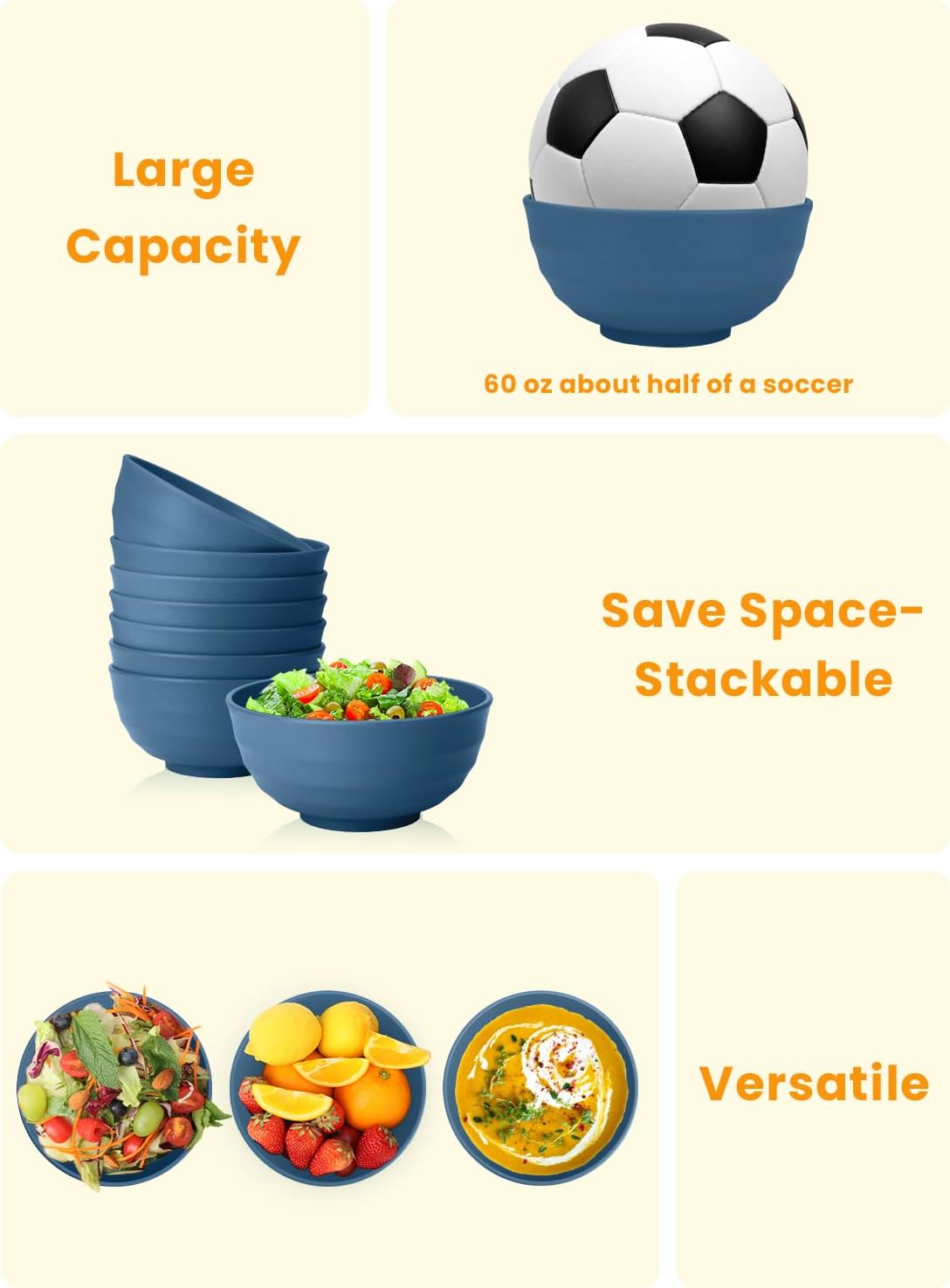 Homienly Wheat Straw Bowls, 60 OZ Salad Bowls,Large Serving Bowls Set of 8, Unbreakable Big Bowl for Kitchen,Ramen,Cereal,Salad,Serving Reusable, Microwave and Dishwasher Safe Bowl-Blue