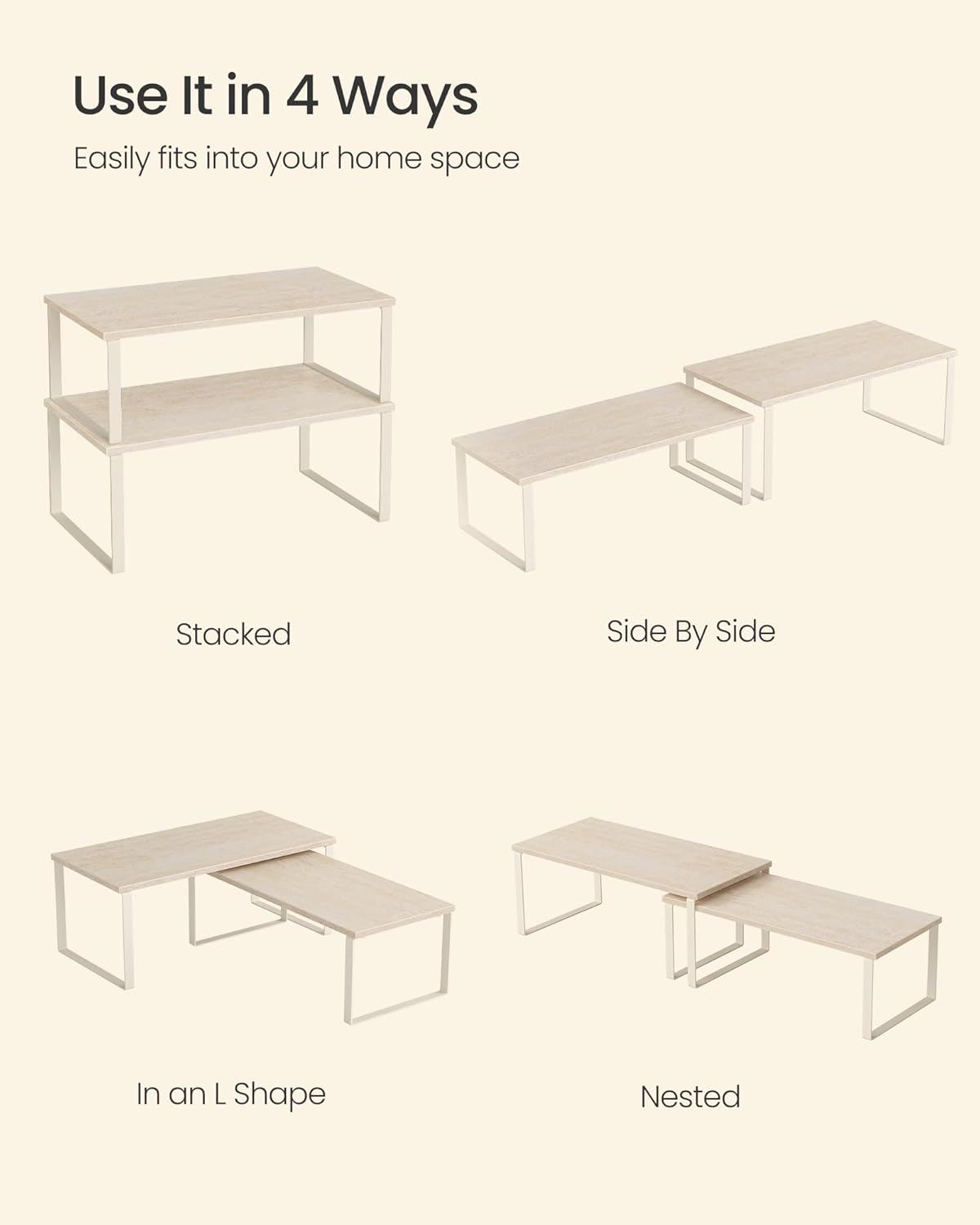 SONGMICS Cabinet Organizer Shelf, Set of 2 Kitchen Counter Shelves, Kitchen Storage, Spice Rack, Stackable, Expandable, Metal and Engineered Wood, Travertine Beige and Cream White UKCS025L01