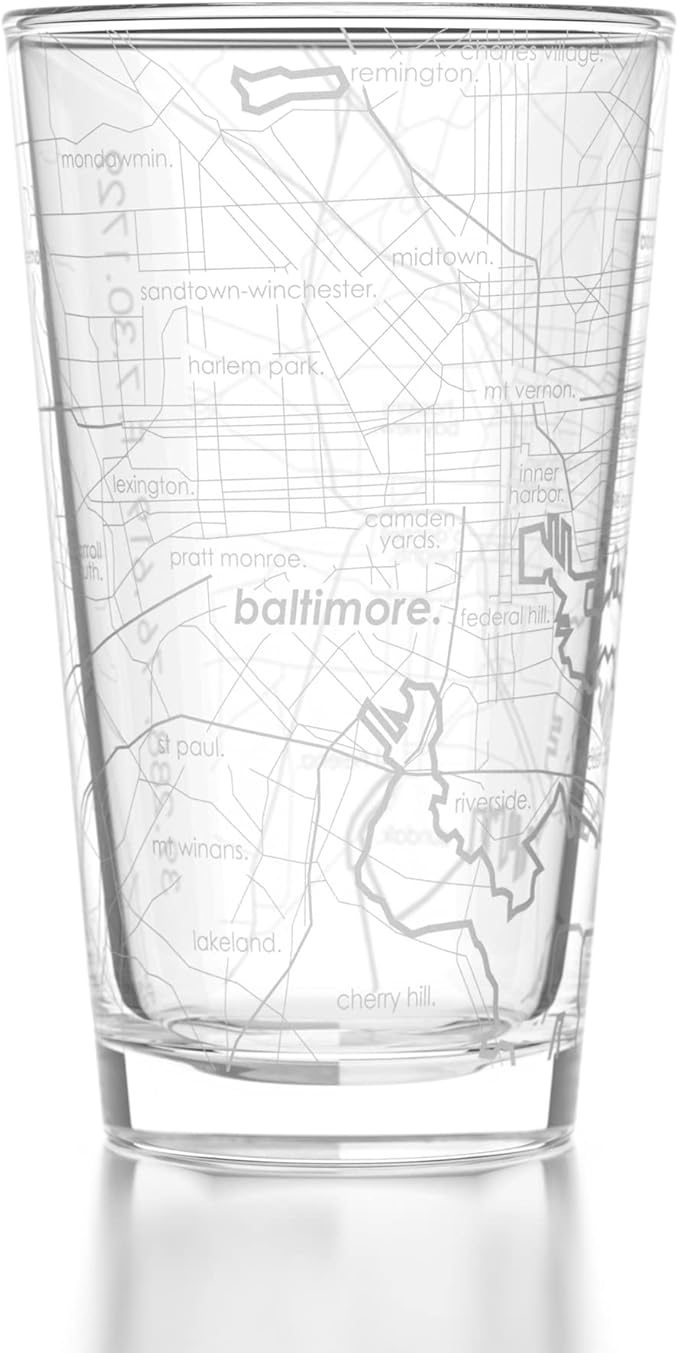 Well Told Engraved Baltimore Maryland Map Pint Glass, Etched Beer Gift (16 oz, Clear) City Map Pint, Custom City Glassware, Gifts For Beer Lovers