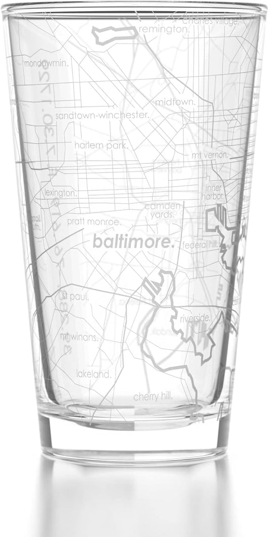 Well Told Engraved Baltimore Maryland Map Pint Glass, Etched Beer Gift (16 oz, Clear) City Map Pint, Custom City Glassware, Gifts For Beer Lovers