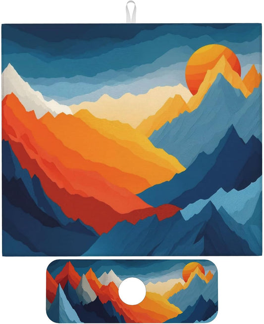 Colorful Mountains Sunset Dish Drying Mat for Kitchen Counter, 16"x18" Microfiber Absorbent Fast Dry Mat, 2Pcs Dish Mat Faucet Mats Sets, Large Drying Kitchen Mat Kitchen Drying Pad Coffee Bar Decor