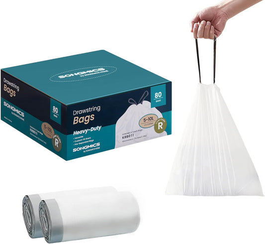 SONGMICS Trash Bags for 2.6-Gallon (10 L) Trash Cans, Drawstring Kitchen Garbage Bags, Pre-Separated, Quick-Dispense Box, Liner Code R, 2 Rolls, 80 Count, White UKRB011A02
