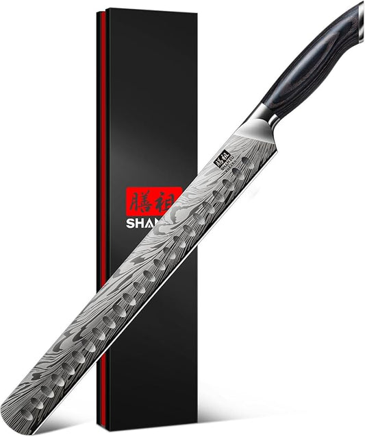 SHAN ZU Brisket Knife in Powder Steel, 12 Inch Carving Knife for Meat Cutting, Turkey and BBQ, Slicing Knives with Ergonomic Pakkawood Handle, Ultra Sharp Meat Knives