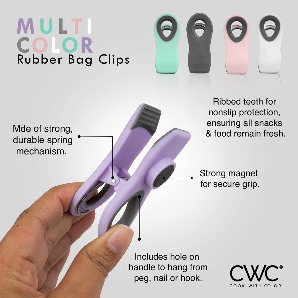 COOK WITH COLOR Bag Clips with Magnet- Food Clips, Chip Clips, Bag Clips for Food Storage with Airtight Seal Grip for Bread Bags, Snack Bags and Food Bags (Multicolor, Pack of 10)