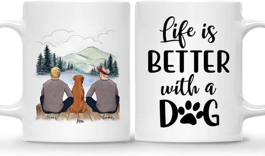Gossby Personalized Dog Mug - Life is Better with a Dog (2 Men - Dog) - 11oz, 15oz Custom Dog Dad Couple Mug with Names - Personalized Dog Dad Gifts for Dog Lover, Owner with Personal Touches