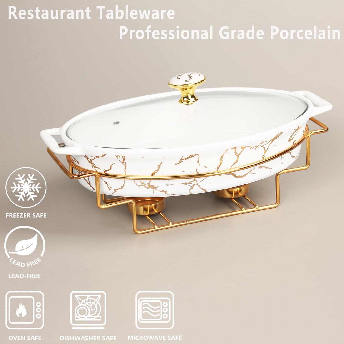 11" x 7" Ceramic Casserole Baking Dish With Glass Cover and with Golden Rack, Lasagna Pan Deep for Oven, 1.3 Quarts Baking Pan with Handles, Oven Safe & Durable Bakeware for Home Decor