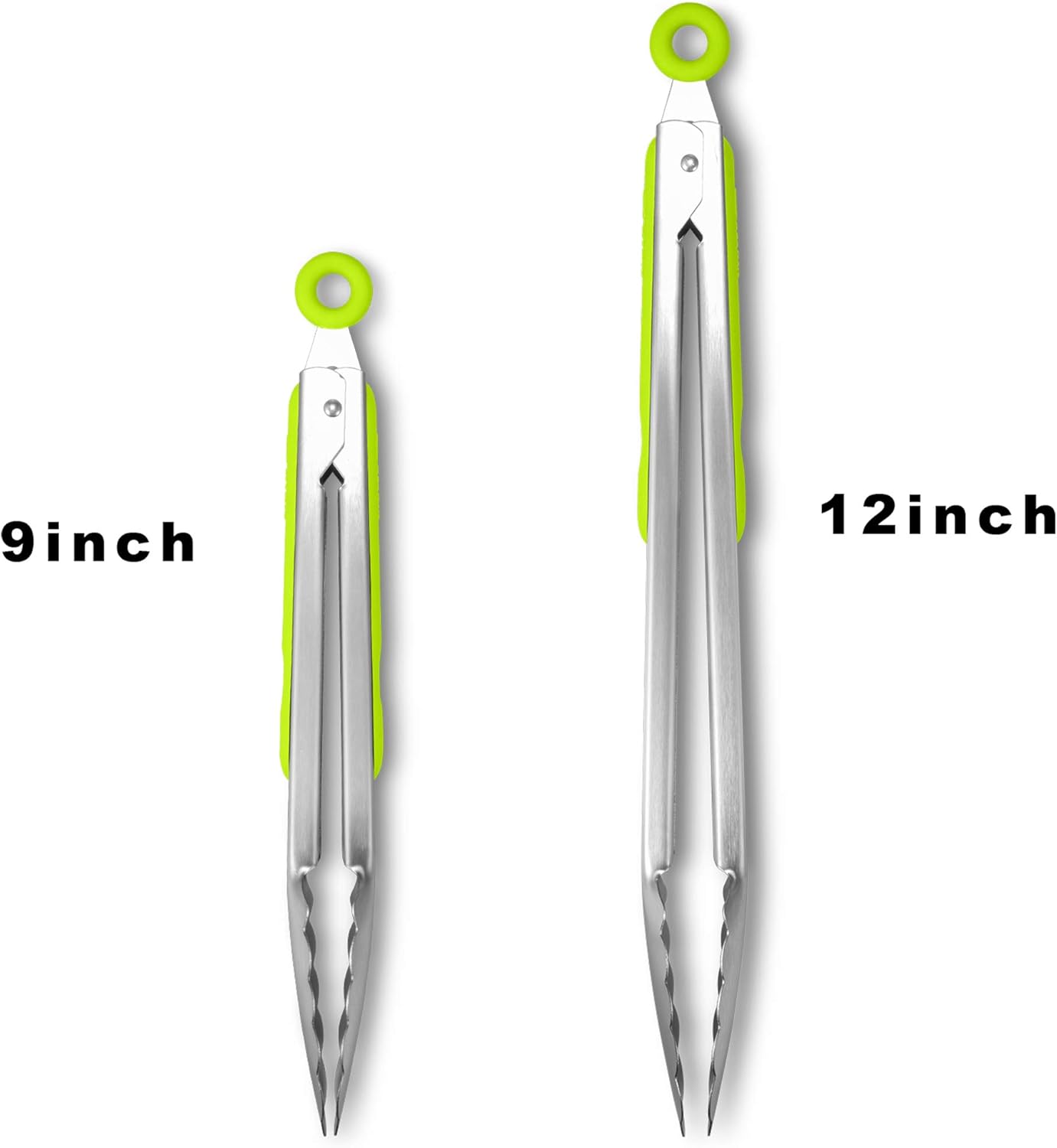 304 Stainless Steel Kitchen Cooking Tongs, 9" and 12" Set of 2 Sturdy Grilling Barbeque Brushed Locking Food Tongs with Ergonomic Grip, Green