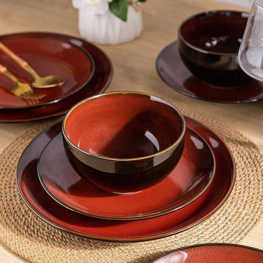 LeRatio Ceramic Dinnerware Sets for 6,Stoneware Plates and Bowls Sets,Handmade Reactive Glaze Dishes Set,Chip Resistant and Scratch Resistant | Oven&Dishwasher & Microwave Safe,Service for 6-Red