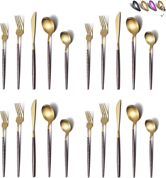 Silverware Set 40 Pieces, Moon Surface Handle And Matte Gold Head Flatware Set, Stainless Steel Cutlery Set, Utensil Sets, Service Set for 8