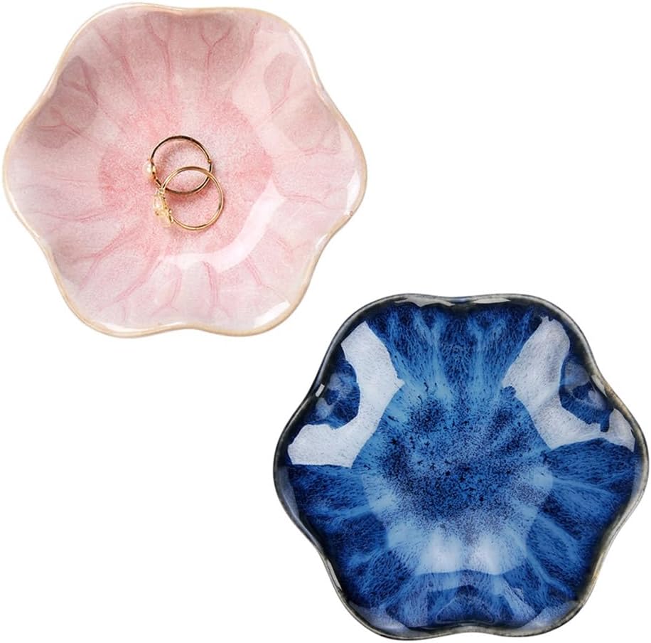 2PCS Lotus Leaf Shape Ring Holder Dish, Small Key Bowl, Ceramic Trinket Tray Jewelry Dish Organizing Necklace Earrings for Mom Friend Sister, All Jewelries Are NOT Included. Blue+Pink.…